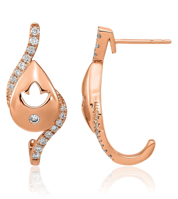 14K Solid Rose Pink Gold Diamond Teardrop Flower Post Hoop Earrings