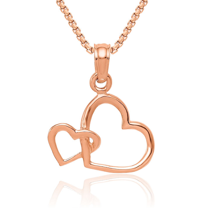 14K Solid Rose Pink Gold Double Heart Necklace Love Pendant Charm