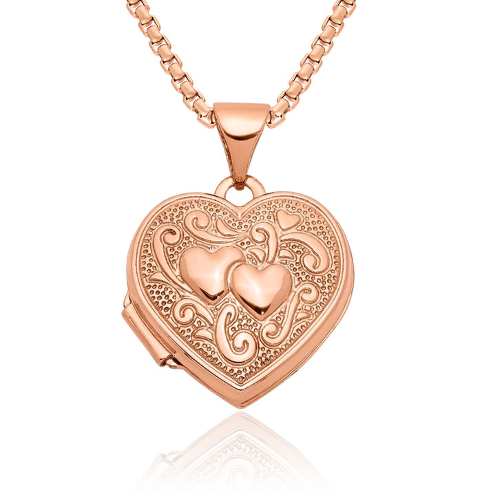 14K Solid Rose Pink Gold Double Heart Personalized Photo Locket Necklace Picture Pendant Charm