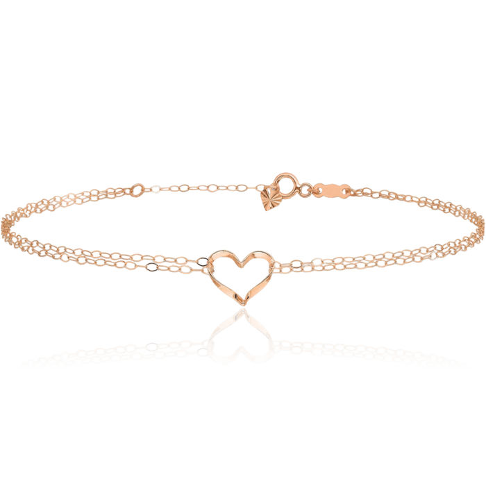 14K Solid Rose Pink Gold Double Strand Heart Anklet Summer Beach Foot Ankle Bracelet