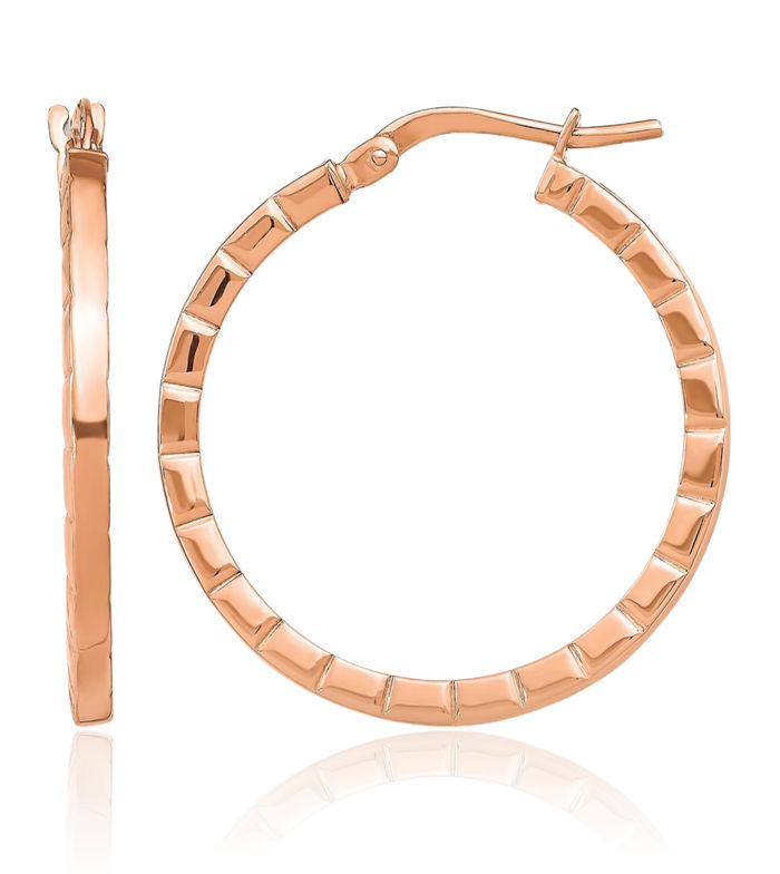 14K Solid Rose Pink Gold Edge Round Medium Hoop Earrings