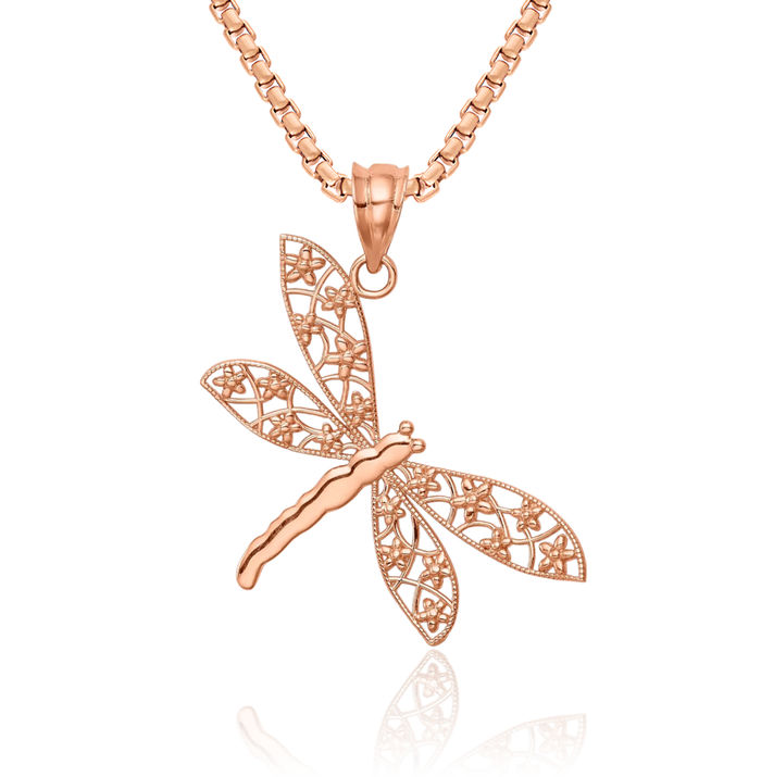 14K Solid Rose Pink Gold Antique Filigree Dragonfly Necklace Chain Pendant Charm