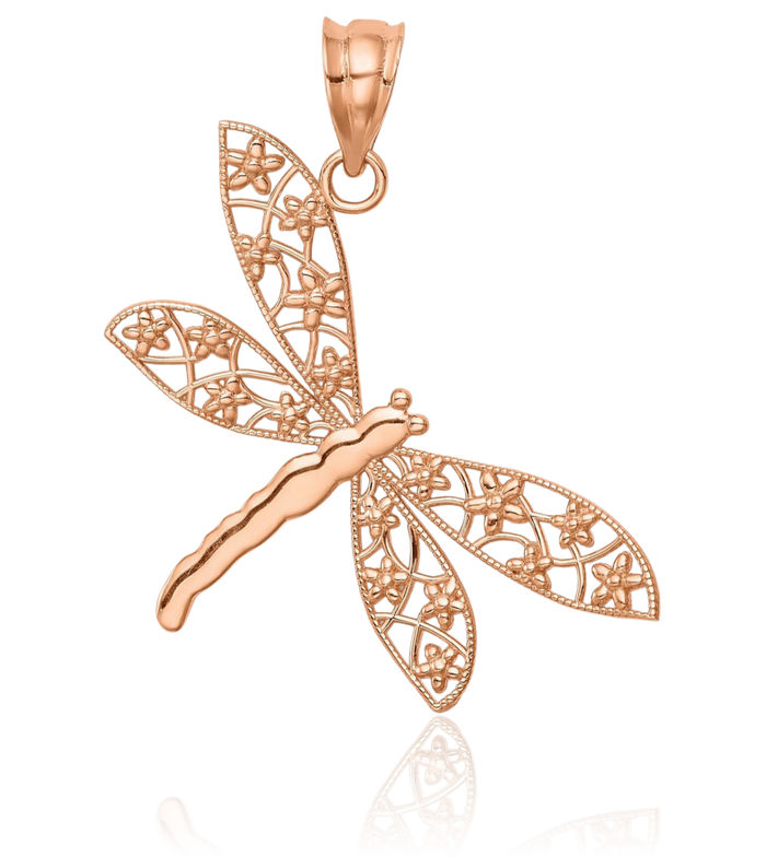 14K Solid Rose Pink Gold Antique Filigree Dragonfly Necklace Chain Pendant Charm