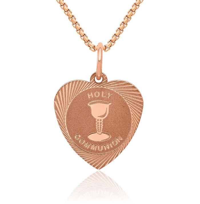 14K Solid Rose Pink Gold First Holy Communion Heart Necklace Love Pendant Charm