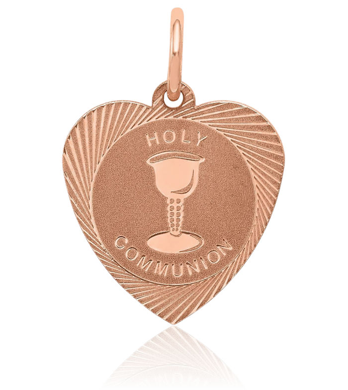 14K Solid Rose Pink Gold First Holy Communion Heart Necklace Love Pendant Charm