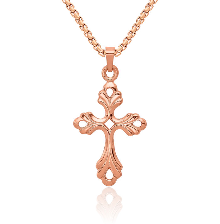 14K Solid Rose Pink Gold French Fleur De Lis Lily Flower Holy Cross Necklace Religious Chain Pendant Jesus Christ Charm
