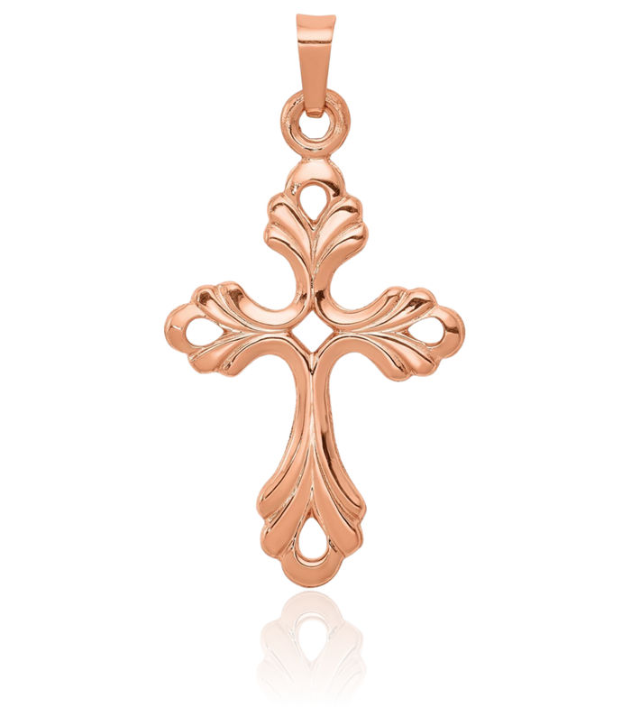 14K Solid Rose Pink Gold French Fleur De Lis Lily Flower Holy Cross Necklace Religious Chain Pendant Jesus Christ Charm