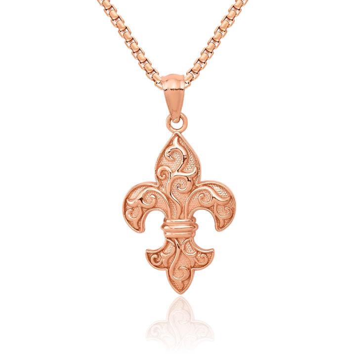 14K Solid Rose Pink Gold French Fleur De Lis Lily Flower Necklace Religious Chain Pendant Saint Charm