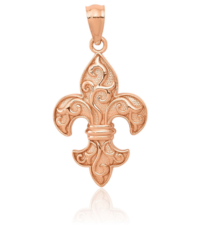 14K Solid Rose Pink Gold French Fleur De Lis Lily Flower Necklace Religious Chain Pendant Saint Charm