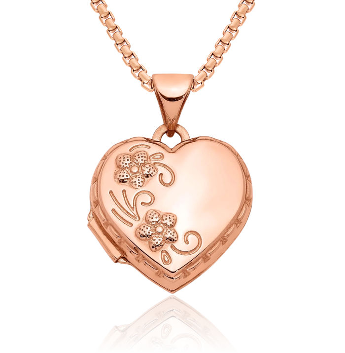 14K Solid Rose Pink Gold Flower Heart Personalized Photo Locket Necklace Picture Pendant Charm