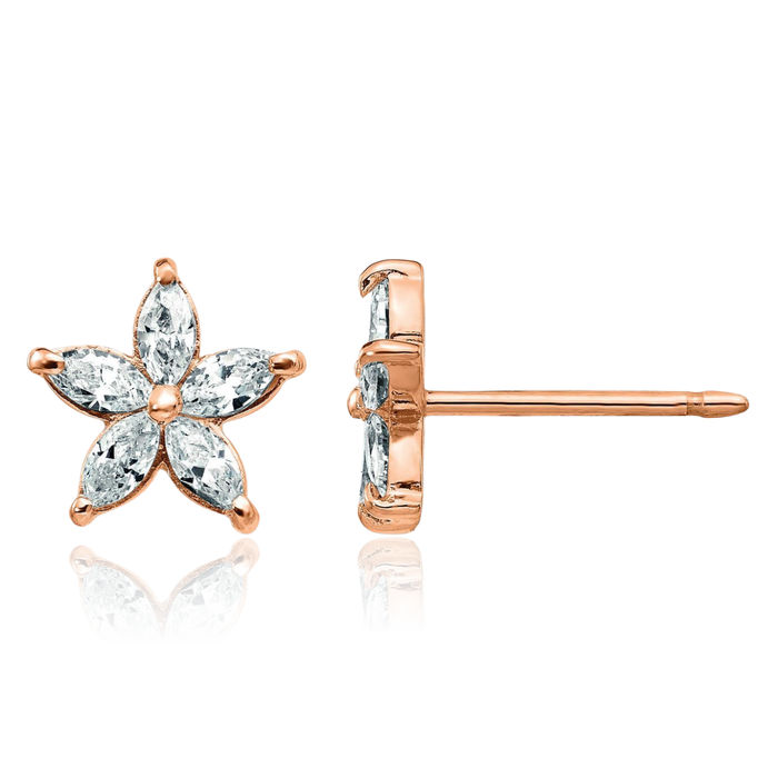 14K Solid Rose Pink Gold Flower Moissanite Stud Earrings