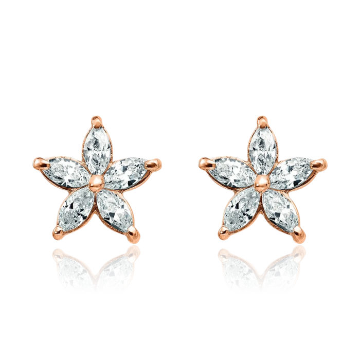 14K Solid Rose Pink Gold Flower Moissanite Stud Earrings