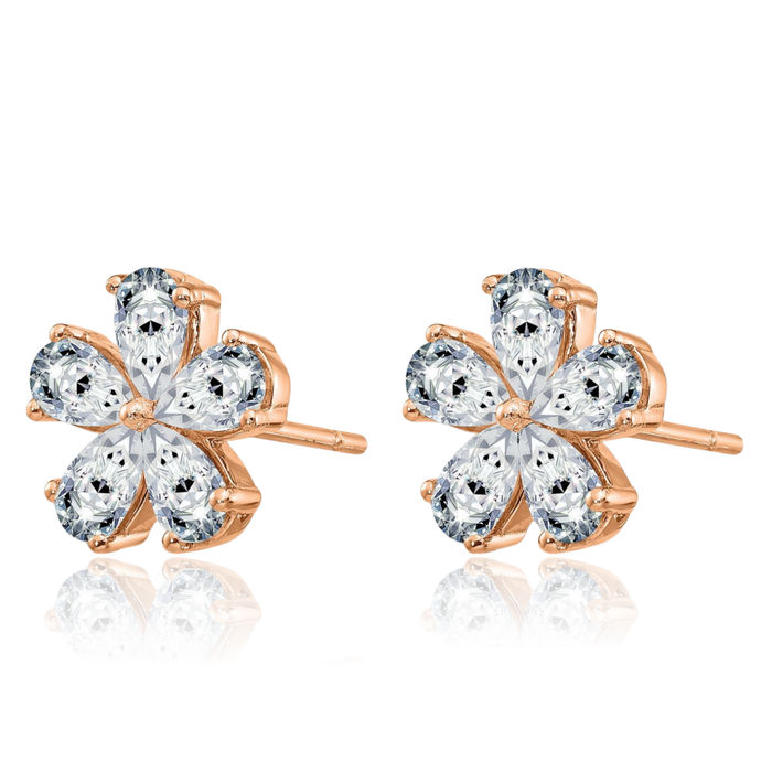 14K Solid Rose Pink Gold Flower Moissanite Studs Pear Teardrop Gemstone Earrings