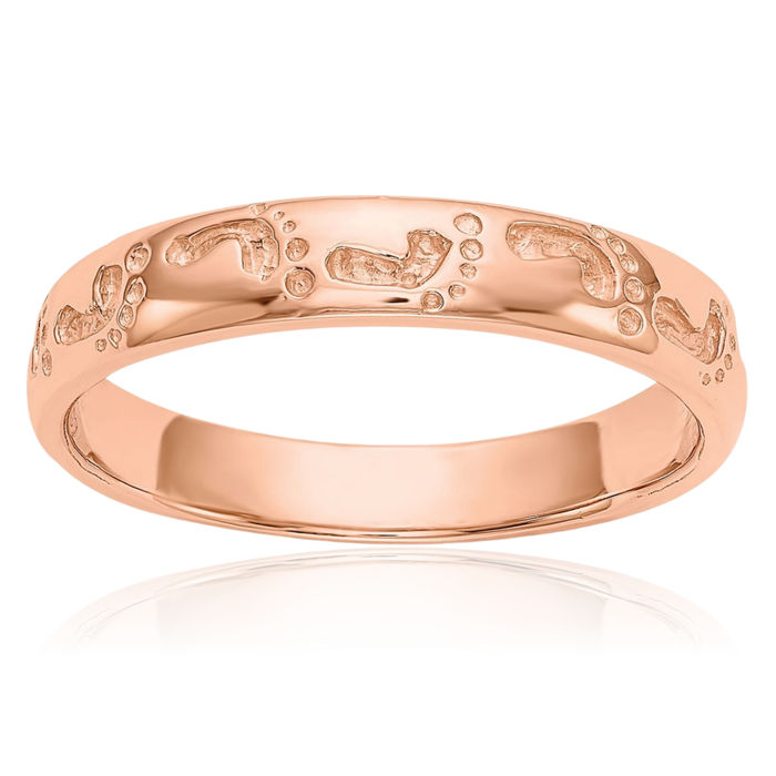 14K Solid Rose Pink Gold Footprints Ring