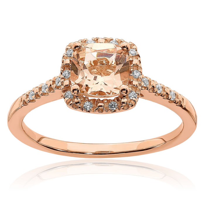 14K Solid Rose Gold Halo Round 6mm Cushion-Cut Pink Morganite Diamond Engagement Ring