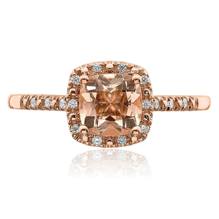 14K Solid Rose Gold Halo Round 6mm Cushion-Cut Pink Morganite Diamond Engagement Ring