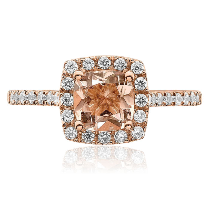 14K Solid Rose Gold Halo Round 6mm Cushion-Cut Pink Morganite Diamond Engagement Ring