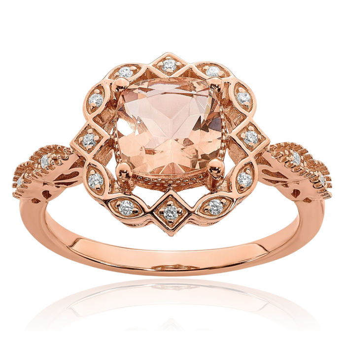 14K Solid Rose Gold Halo Round 7mm Cushion-Cut Pink Morganite Diamond Engagement Ring Gemstone Band