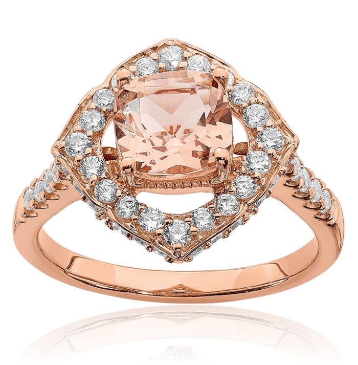 14K Solid Rose Gold Halo Round 7mm Cushion-Cut Pink Morganite Diamond Engagement Ring Gemstone Band