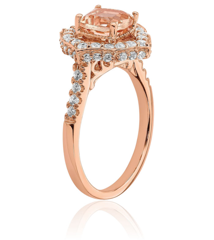 14K Solid Rose Gold Halo Round 7mm Cushion-Cut Pink Morganite Diamond Engagement Ring Gemstone Band