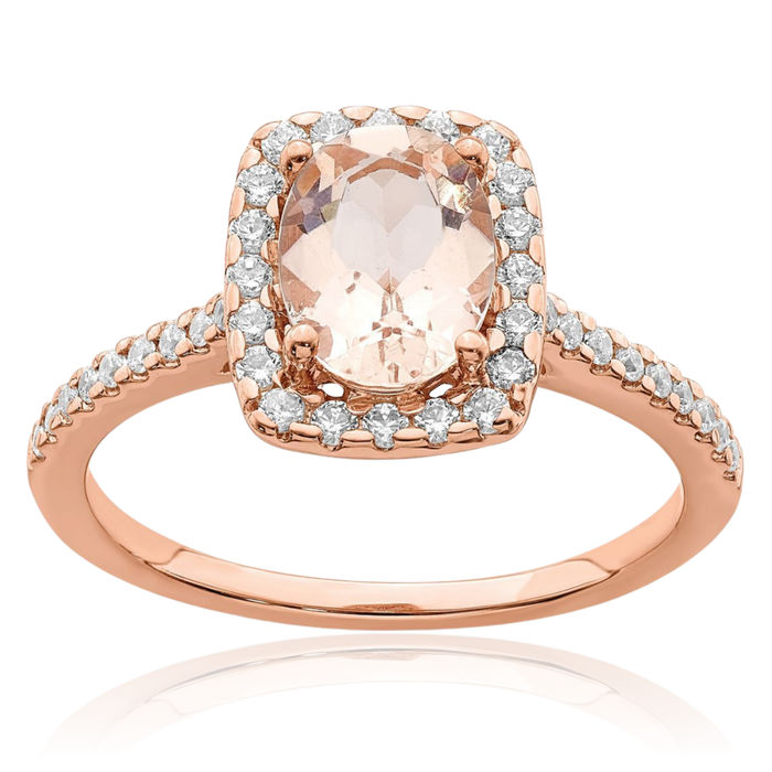 14K Solid Rose Gold Halo Oval Pink Morganite Diamond Engagement Ring