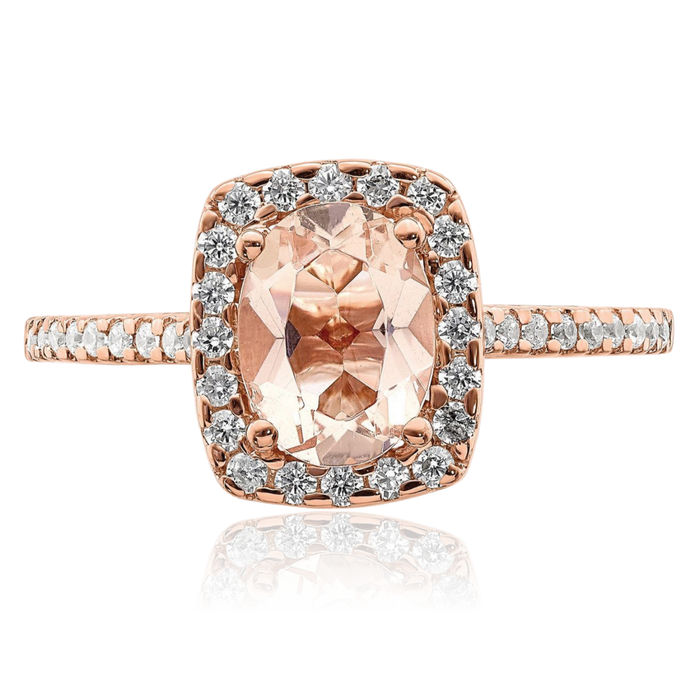 14K Solid Rose Gold Halo Oval Pink Morganite Diamond Engagement Ring