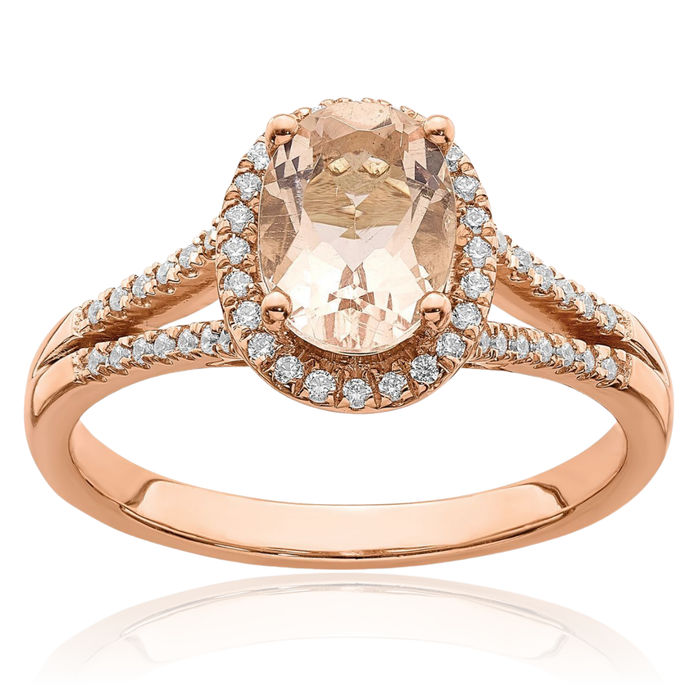 14K Solid Rose Gold Halo Oval Pink Morganite Diamond Engagement Ring