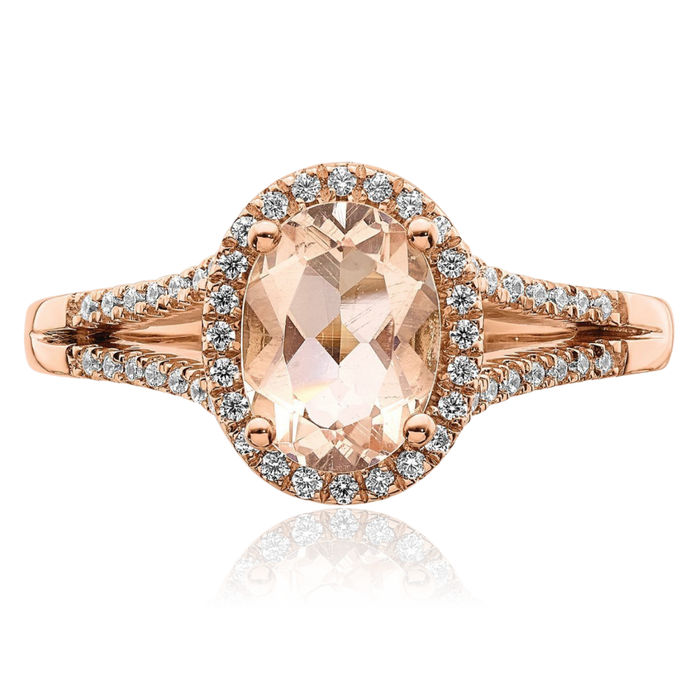 14K Solid Rose Gold Halo Oval Pink Morganite Diamond Engagement Ring