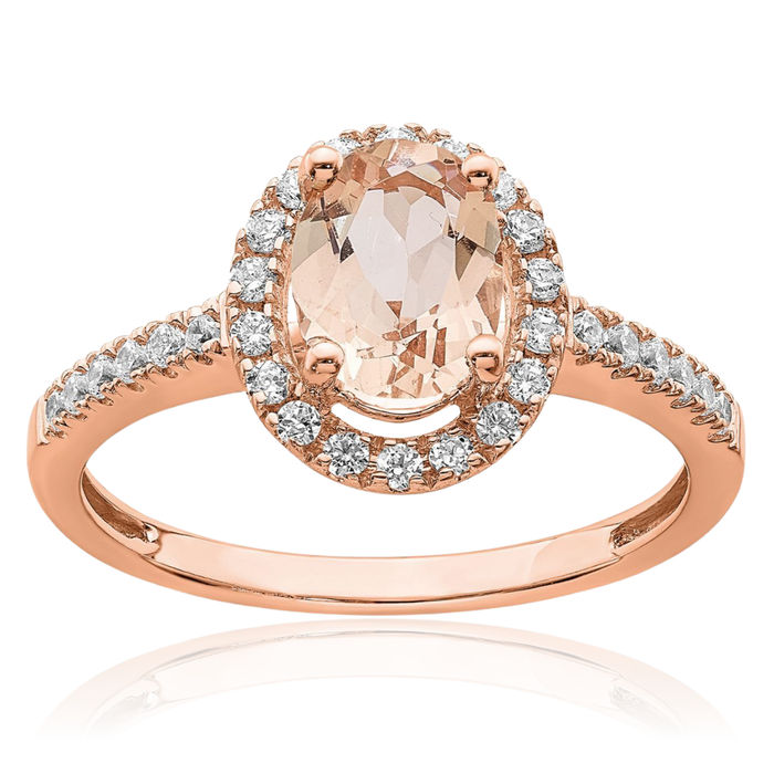 14K Solid Rose Gold Halo Oval Pink Morganite Diamond Engagement Ring