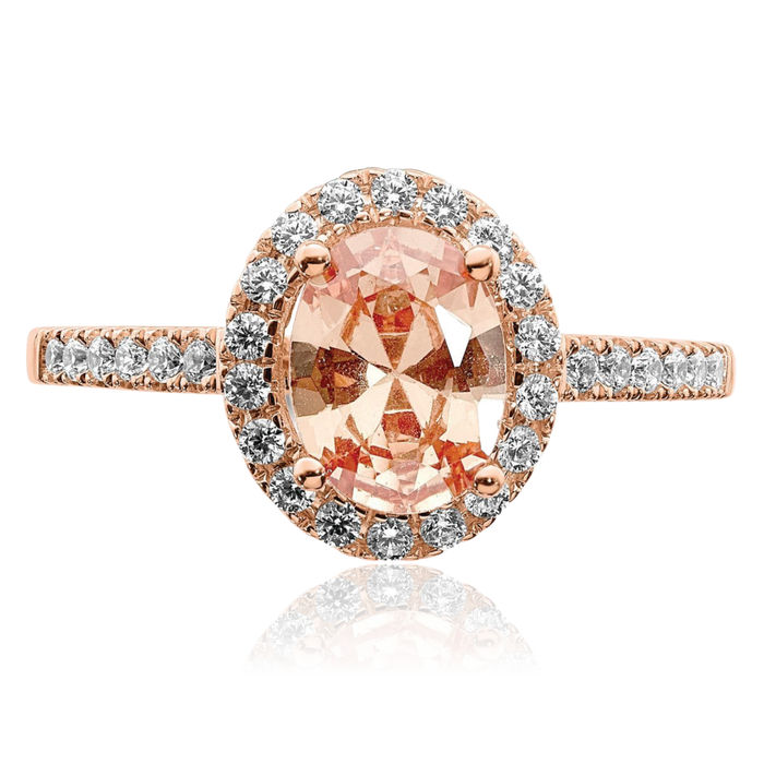 14K Solid Rose Gold Halo Oval Pink Morganite Diamond Engagement Ring