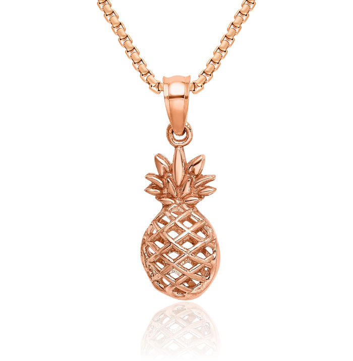 14K Solid Rose Pink Gold Hawaiian Pineapple Necklace Tropical Fruit Pendant Summer Beach Charm