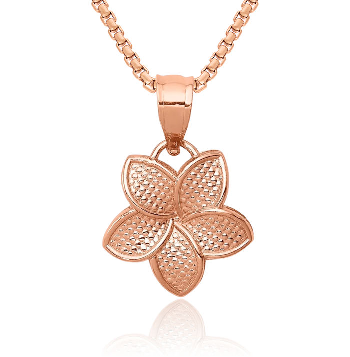 14K Solid Rose Pink Gold Hawaiian Plumeria Flower Necklace Chain Pendant Charm