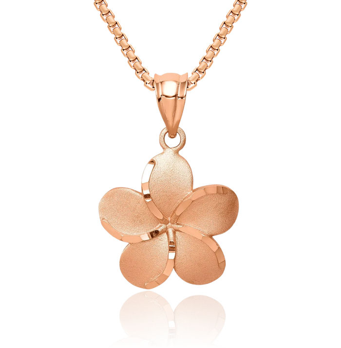 14K Solid Rose Pink Gold Hawaiian Plumeria Flower Necklace Chain Pendant Charm