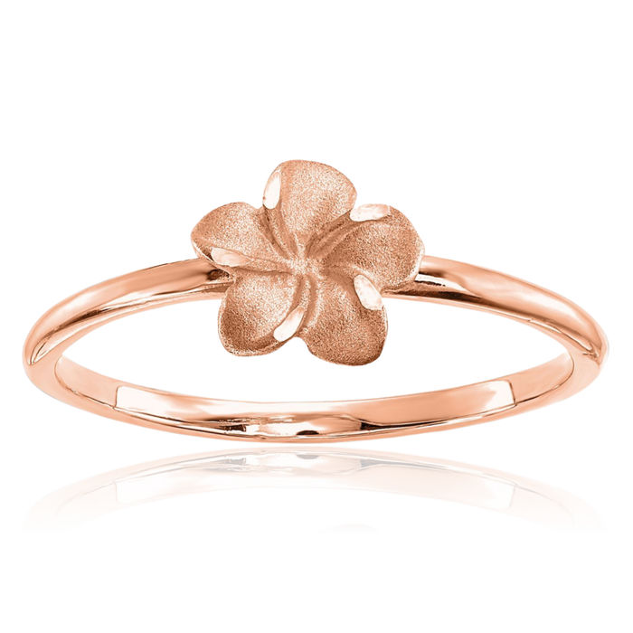 14K Solid Rose Pink Gold Hawaiian Plumeria Flower Ring