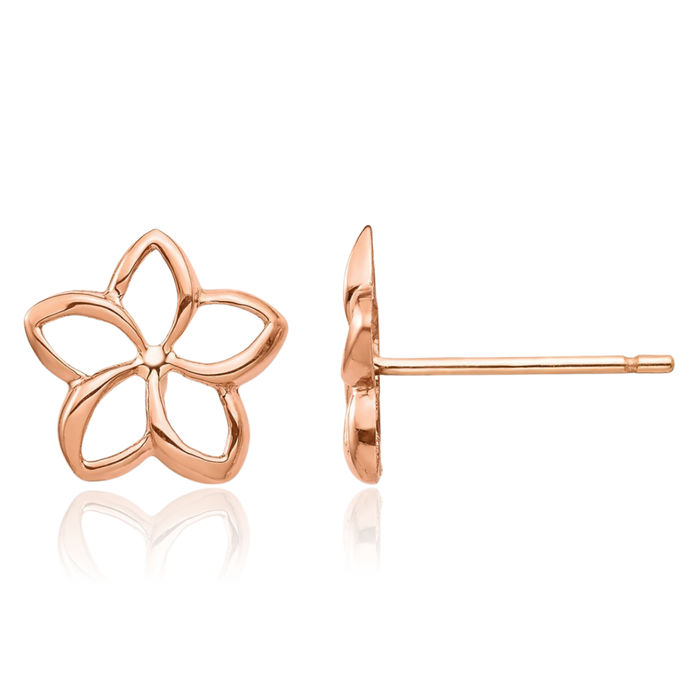 14K Solid Rose Pink Gold Hawaiian Plumeria Flower Stud Earrings