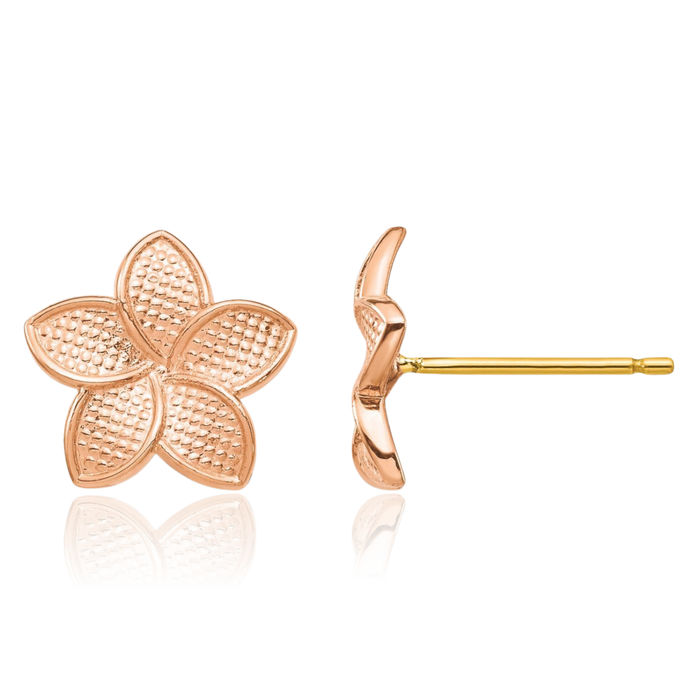 14K Solid Rose Pink Gold Hawaiian Plumeria Flower Yellow Stud Earrings Backs