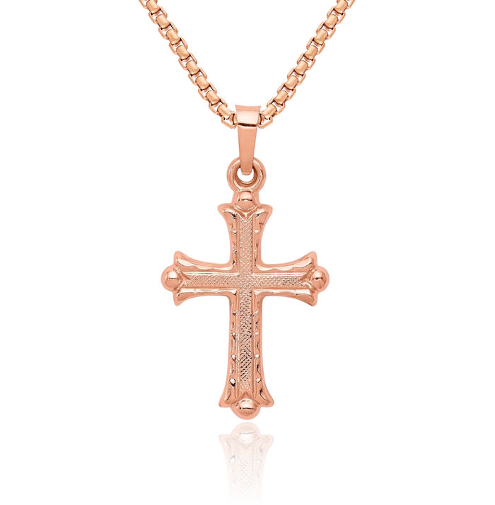 14K Solid Rose Pink Gold Heart Holy Cross Necklace Religious Chain Pendant Jesus Christ Charm