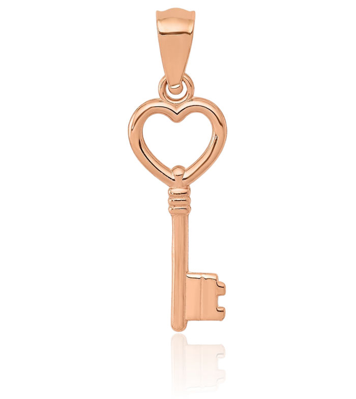 14K Solid Rose Pink Gold Heart Key Necklace Chain Pendant Charm