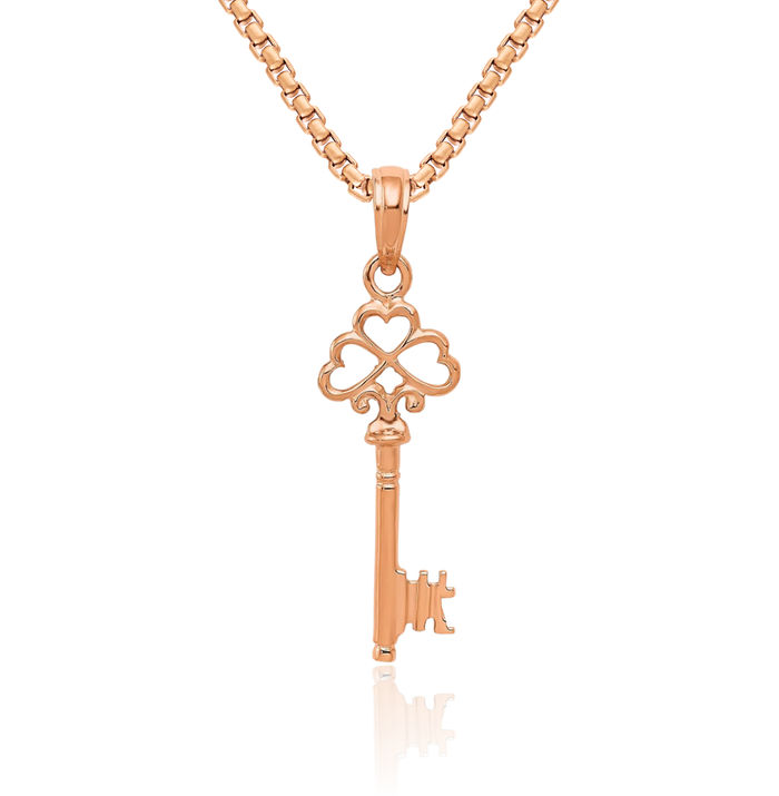 14K Solid Rose Pink Gold Heart Key Necklace Chain Pendant Charm