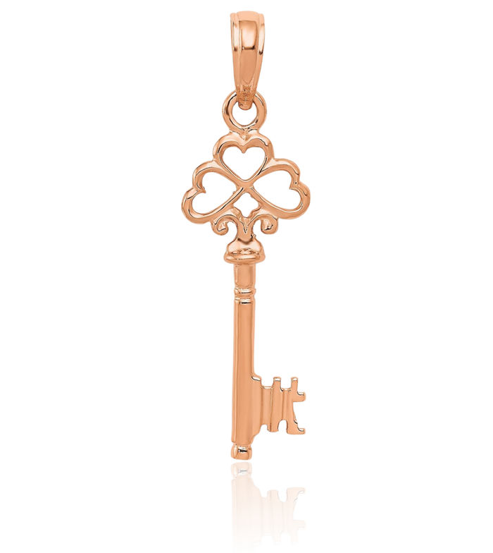 14K Solid Rose Pink Gold Heart Key Necklace Chain Pendant Charm