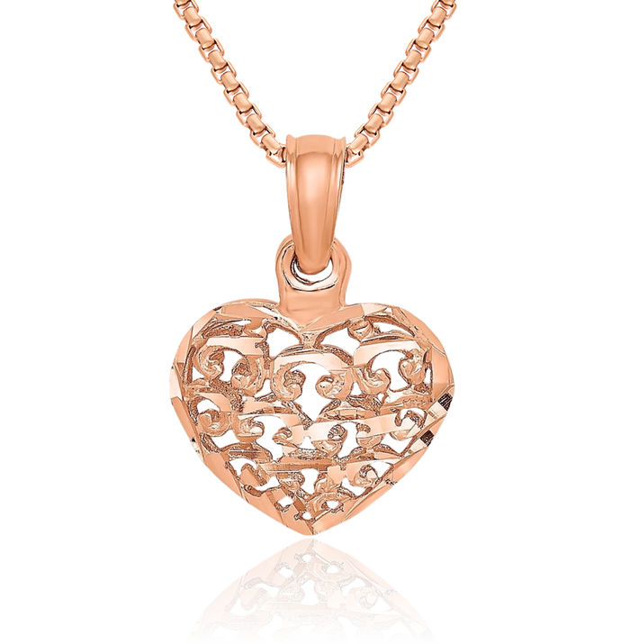 14K Solid Rose Pink Gold Heart Necklace Love Pendant Charm