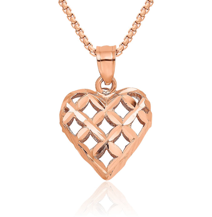 14K Solid Rose Pink Gold Heart Necklace Love Pendant Charm