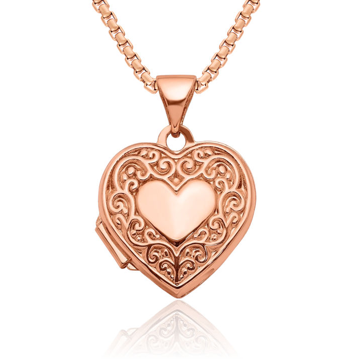14K Solid Rose Pink Gold Heart Personalized Photo Locket Necklace Picture Pendant Charm