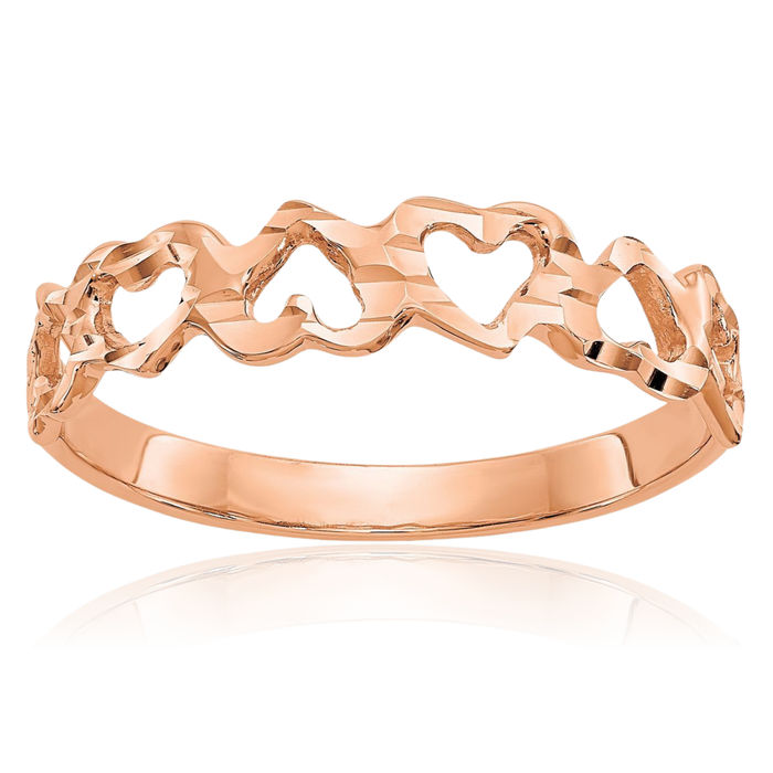 14K Solid Rose Pink Gold Heart Ring Love Band