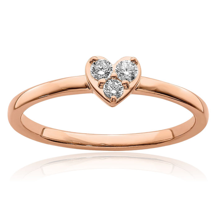 14K Solid Rose Pink Gold Heart Round Diamond Promise Ring Engagement Wedding Band Bridal Jewelry