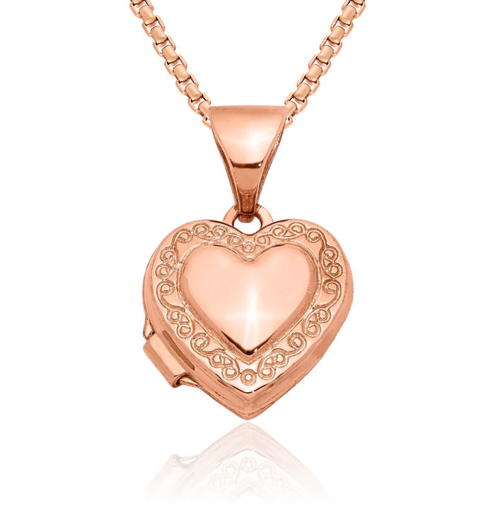 14K Solid Rose Pink Gold Heart Shaped Personalized Photo Locket Necklace Picture Pendant Charm