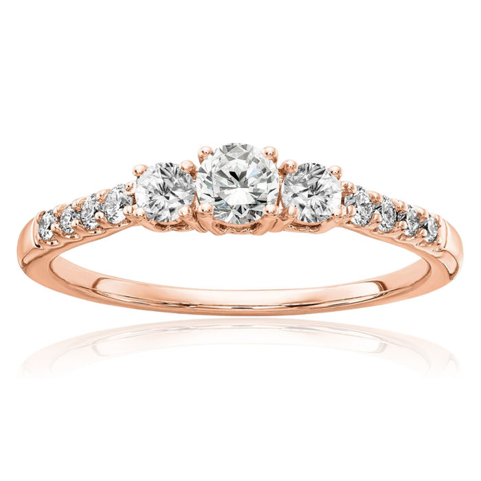 14K Solid Rose Pink Gold Lab Diamond 3 Stone Engagement Ring