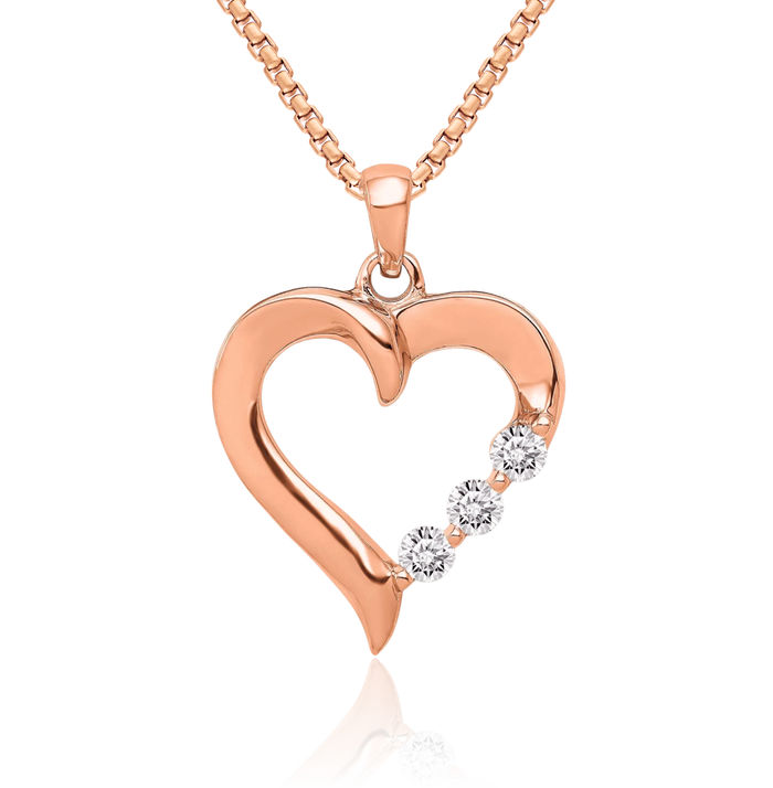 14K Solid Rose Pink Gold Lab Diamond 3 Stone Heart Necklace Love Pendant Charm