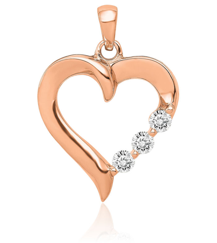 14K Solid Rose Pink Gold Lab Diamond 3 Stone Heart Necklace Love Pendant Charm