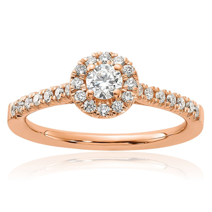 14K Solid Rose Pink Gold Lab Diamond Halo Round Engagement Ring